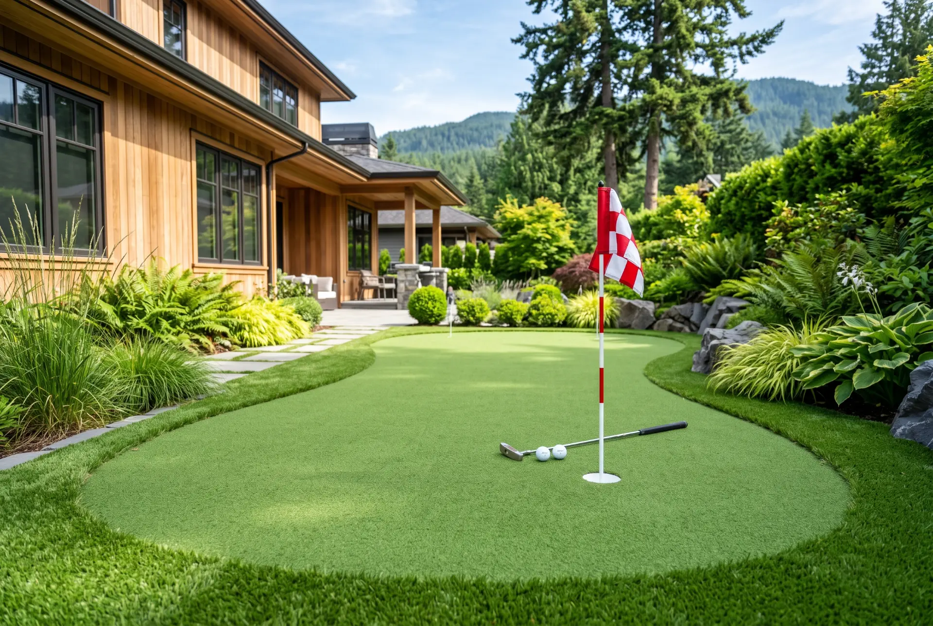 Finished Premium Grass Blades backyard putting green with flag and cup