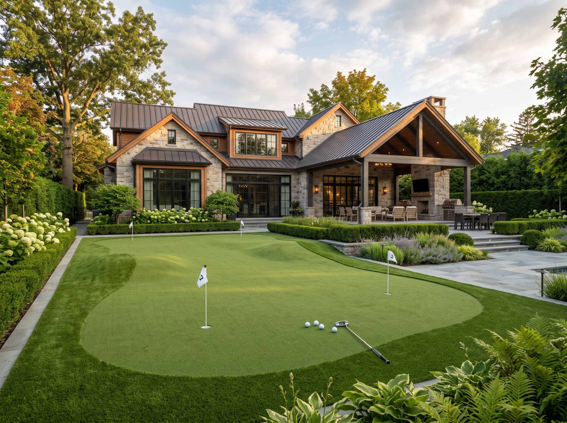 Luxury tournament-style backyard putting green with multiple flags at a stone and timber home