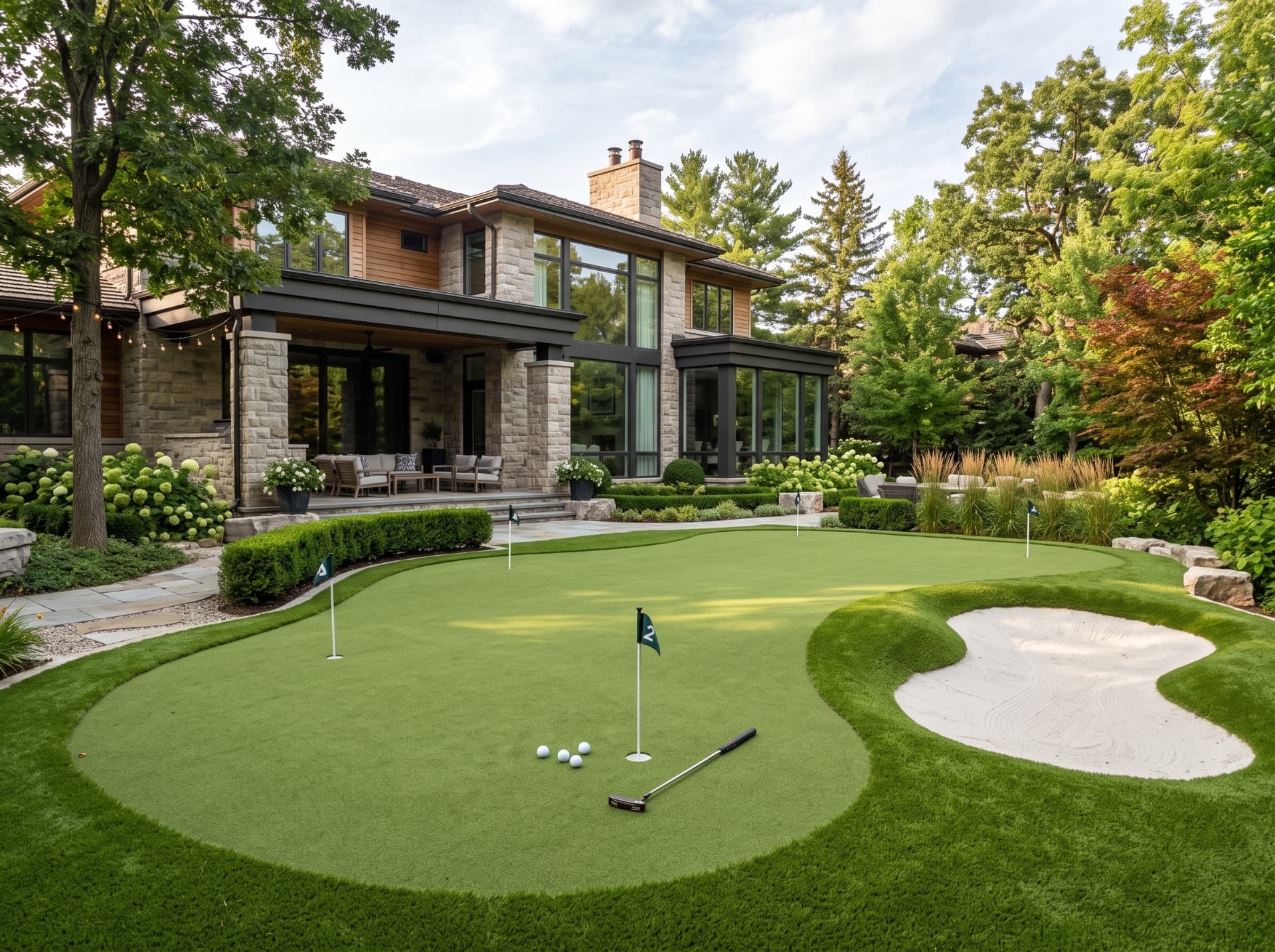 Luxury backyard putting green with a sand bunker and multiple flags