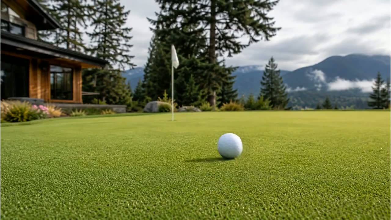 Golf ball rolling true across a Premium Grass Blades putting green