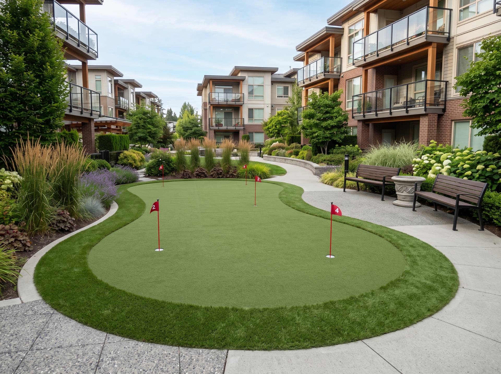 Shared putting green in a strata condo courtyard with benches and planting
