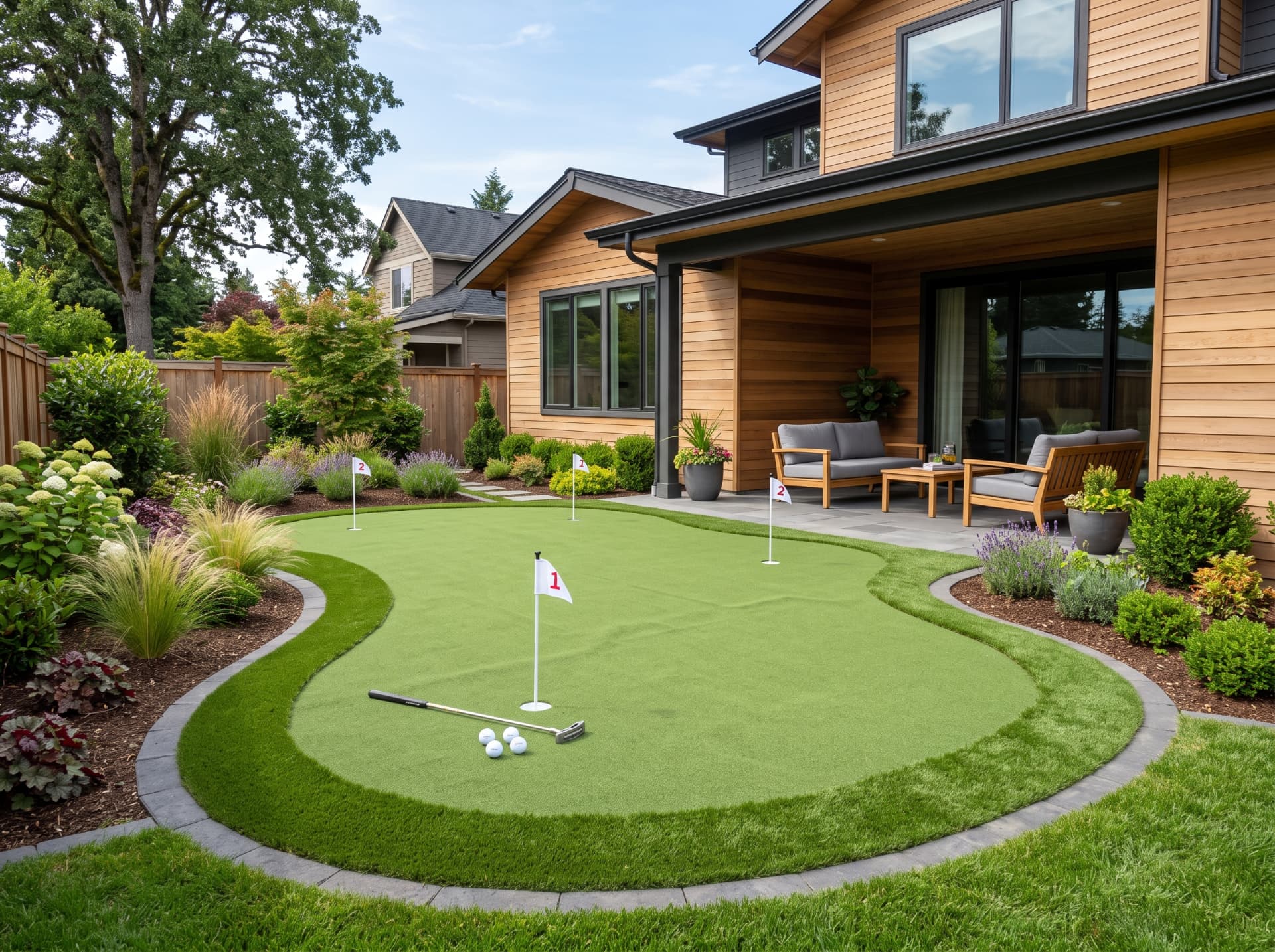 Backyard putting green with flags beside a covered patio at a cedar-clad home