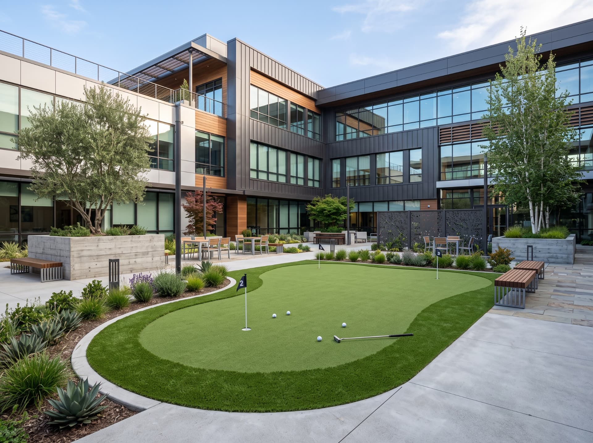 Commercial office courtyard putting green with benches and patio seating