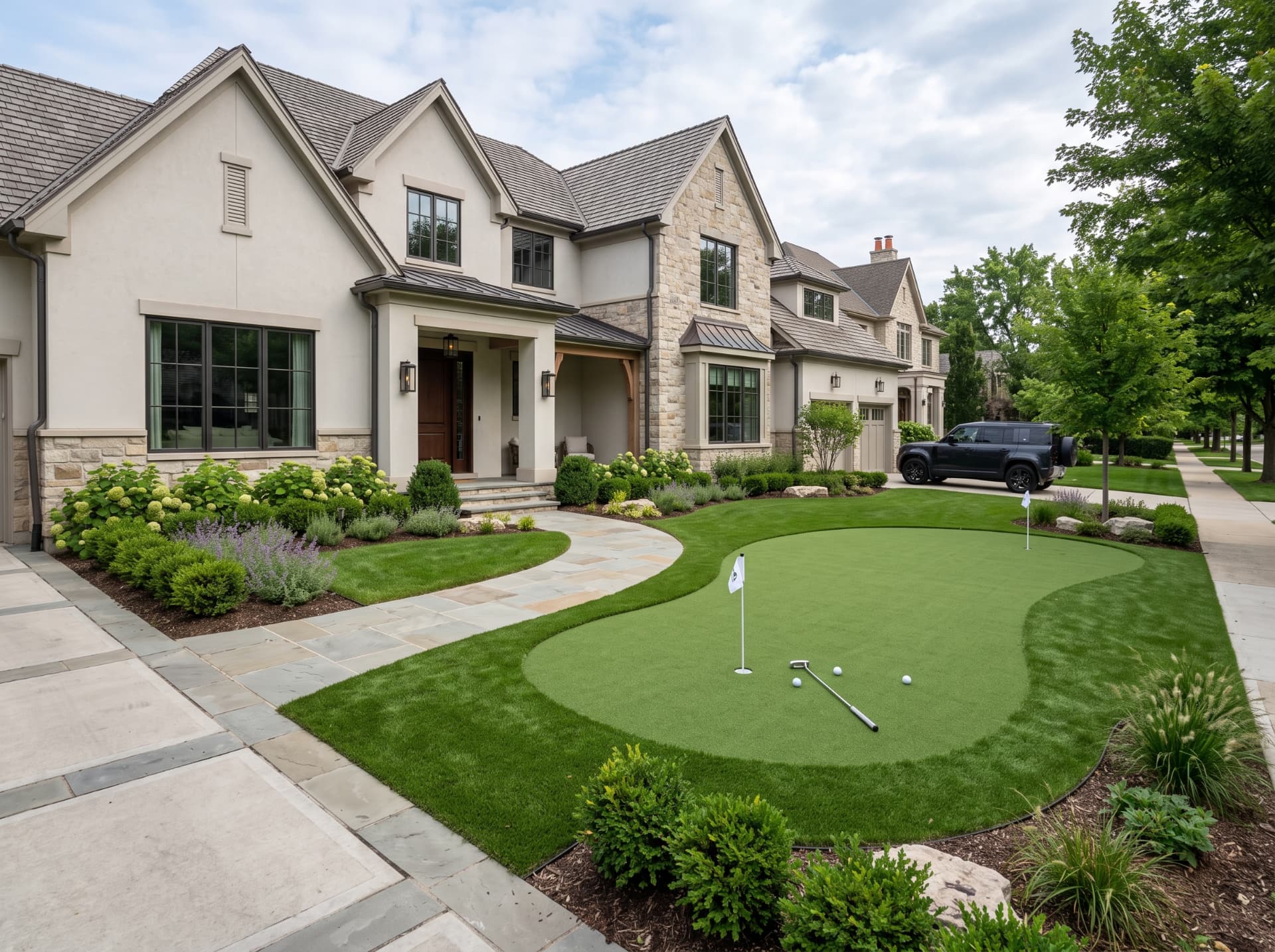 Large putting green on the manicured front lawn of a luxury estate property