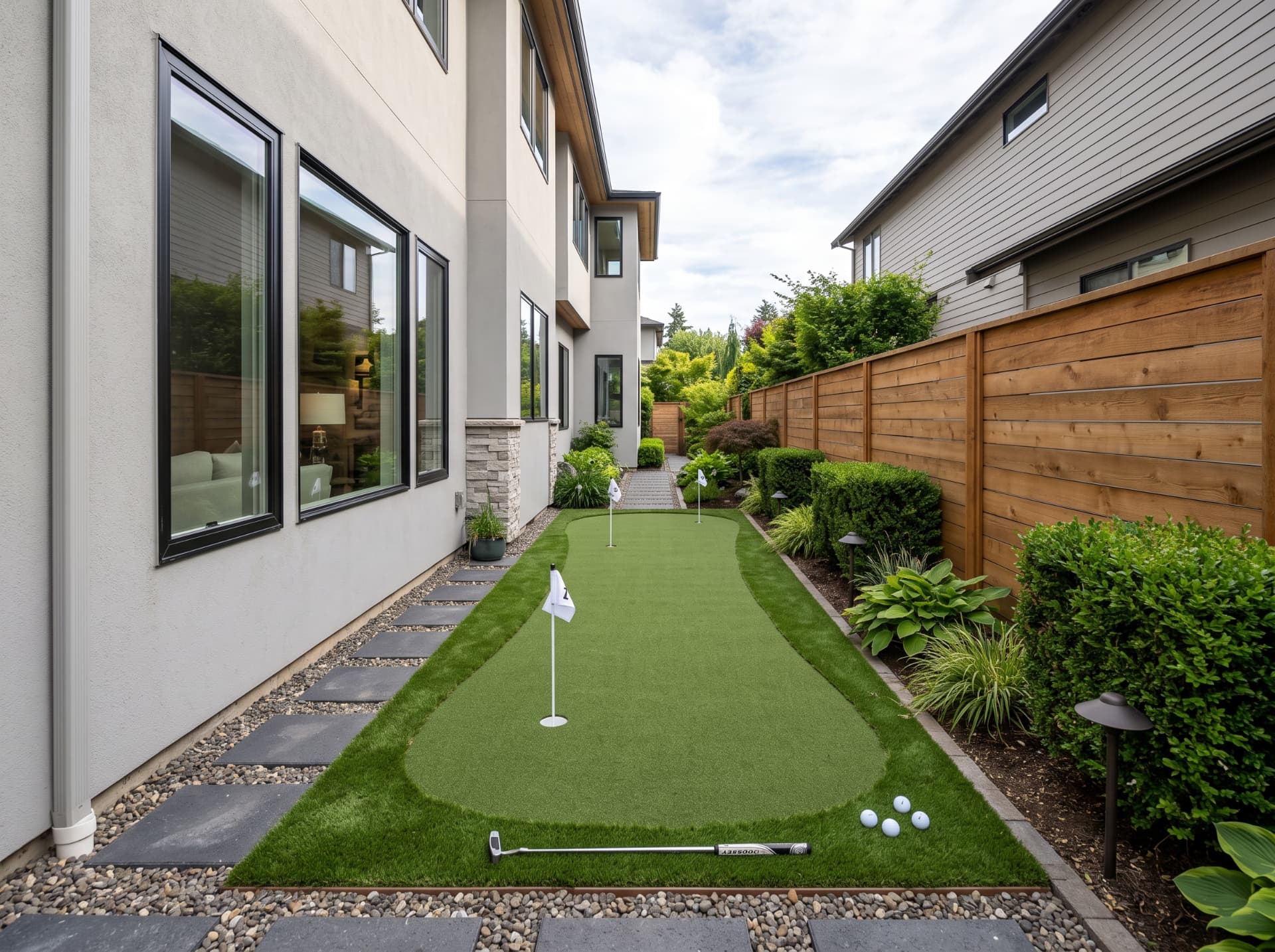 Narrow putting green running along the side yard between two houses