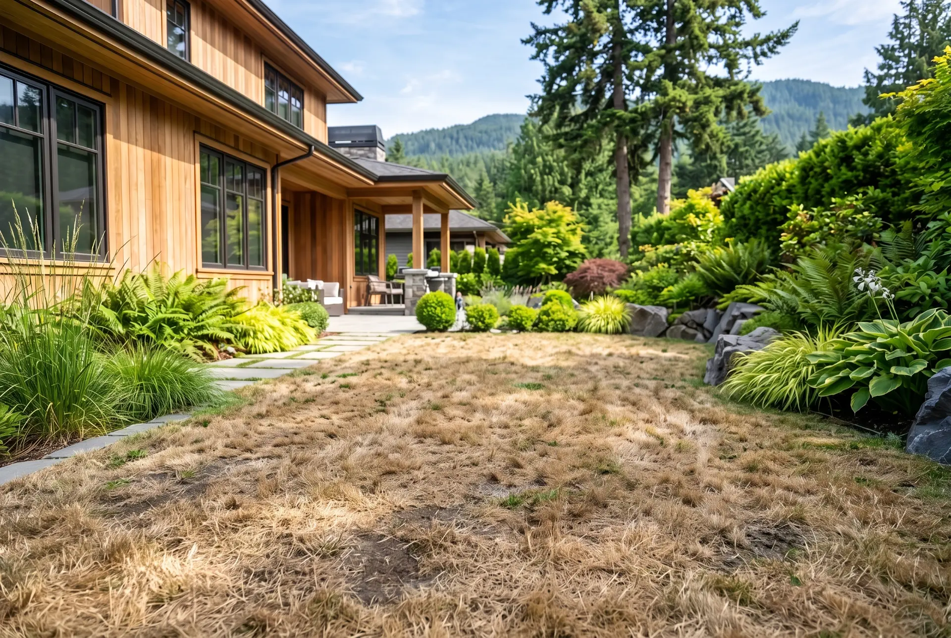 Tired backyard lawn before Premium Grass Blades putting green install